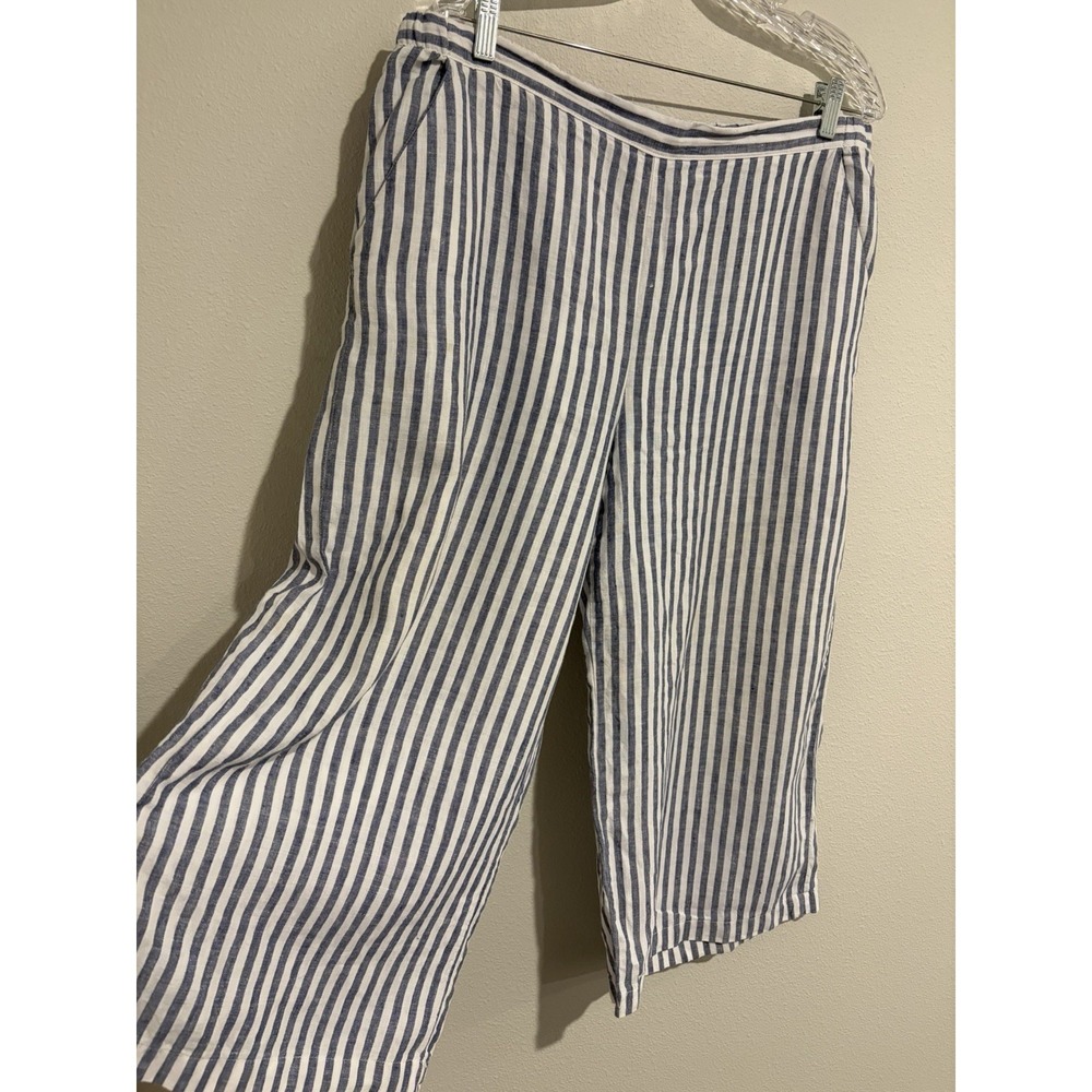 Ellen Tracy Blue/White Striped 100% Linen Crop Wide Leg Pants~ L ~Coastal Beach
